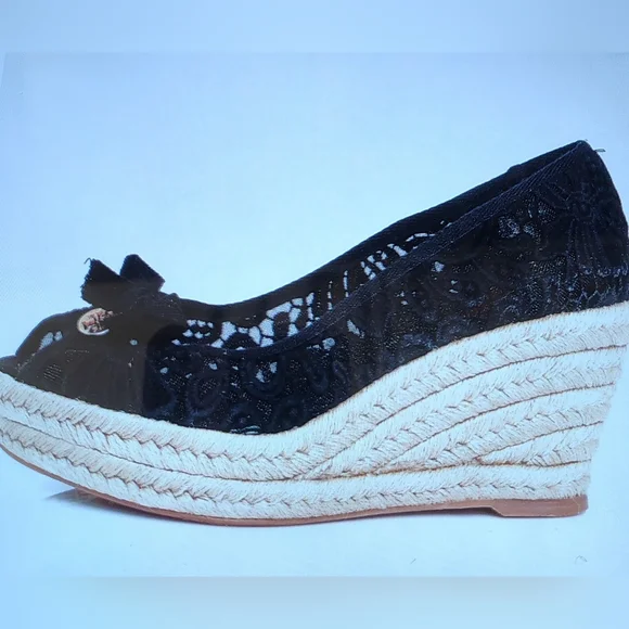 TORY BURCH JACKIE BLACK LACE CROCHET ESPADRILLE WEDGE GOLD LOGO WOMEN'S SIZE 8 - Picture 7 of 14